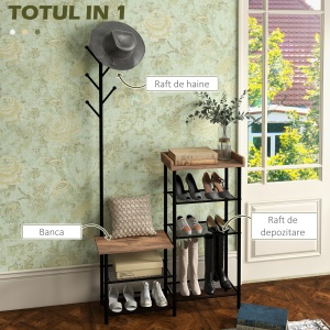 Cuier pentru Haine de Podea cu 6 Carlige din PAL si Otel cu Dulap de Pantofi cu mai multe Rafturi, 92.5x28.2x182 cm, Maro - Img 4