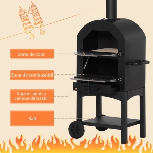 Cuptor Portabil cu Cărbune pentru Pizza și Barbecue, Cuptor cu Lemne, Coș de Fum și Raft Inferior, 63x54x161 cm, Negru - Img 5