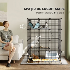 Cușcă Modulară pentru Pisici cu 4 Niveluri, cu Platforme, Rampe și 5 Uși, din Oțel și PP, 105x105x140 cm, Negru - Img 4