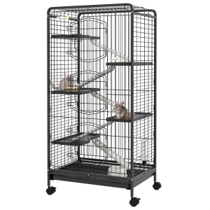 Cușcă pentru Animale Mici și Rozătoare cu Roți, 5 Rampe și 5 Platforme, 61.5x44x131 cm, Negru - Img 1