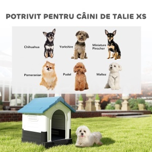Cușcă pentru Câini de Exterior din Plastic, Căsuță pentru Câini Mici cu Ferestre, Acoperiș Înclinat și Bază Ridicată, 64,5 x 57 x 66 cm, Albastru - Img 4