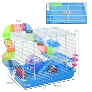 Cușcă pentru Hamster cu 2 Niveluri, Rezervor de Apă, Tavă Detașabilă, Tunel și Roată, 46x30x37cm, Albastru - Img 3