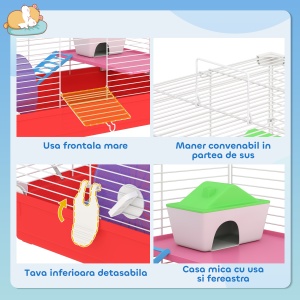 Cusca pentru Hamsteri cu 2 Nivele din Metal si PP cu Casuta, Rezervor de apa, Roti si Farfurioare, 47x30x27 cm, Rosu si Alb - Img 5
