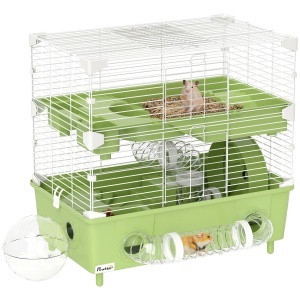 Cușcă pentru Hamsteri cu 2 Nivele și 3 Uși cu Roată și Tuburi, din Oțel, PS și PP, 44.5x28x44 cm, Verde și Alb - Img 1
