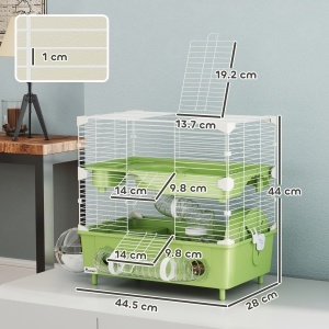 Cușcă pentru Hamsteri cu 2 Nivele și 3 Uși cu Roată și Tuburi, din Oțel, PS și PP, 44.5x28x44 cm, Verde și Alb - Img 3