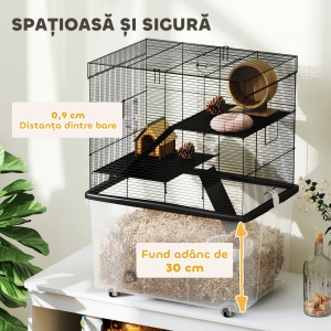Cușcă pentru Hamsteri cu 3 Niveluri, Bază Adâncă, Roți Rampe, Bol și Sticlă, 58x43x74 cm, Negru - Img 5