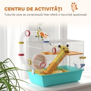 Cușcă pentru Hamsteri cu Roată, Căsuță, Bol, Rampe și Recipient Apă, Cușcă pentru Gerbili din Oțel, PS și PP, 45x28x37 cm, Alb și Albastru - Img 4