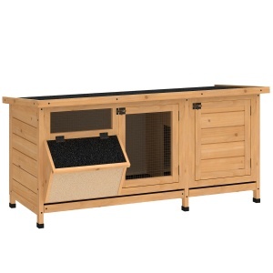 Cușcă pentru Iepuri din Lemn de Exterior cu Acoperiș din Asfalt, Căsuță cu Uși, Tăvi Detașabile și Hrănitoare, 112x50x54 cm, Galben - Img 1