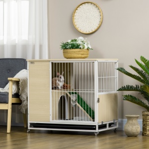 Cusca pentru iepuri mobilier cu roti, Cusca pentru iepurasi masa laterala cu tavita detasabila, acces prin partea superioara, 78 x 52.5 x 76.5 cm, stejar - Img 2