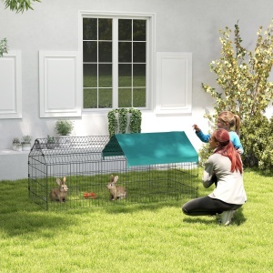 Cușcă pentru Iepuri și Găini de Exterior și Interior cu Protecție Solară și Grilaj Metalic, Coteț Recint pentru Animale Mici, Găini, 185x75x75 cm, Verde - Img 9