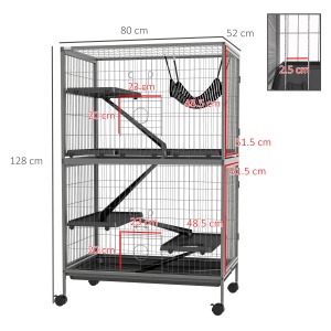 Cușcă pentru Rozătoare cu 4 Intrări la Nivele Multiple cu Hamac, din Metal și PP, 80x52x128 cm, Argintiu și Gri - Img 3