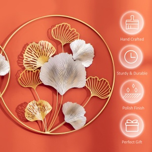 Decoratiune de perete 3D frunze de ginkgo aurii, pictata manual - Img 5