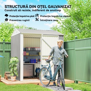 Depozit de Grădină Înalt de 3.51m² din Oțel Galvanizat cu Guri de Ventilație, Căsuță de Grădină cu Ușă Blocabilă, Acoperiș Înclinat, Mănuși, Depozit pentru Unelte, 209x177x236 cm, Argintiu Gri - Img 5