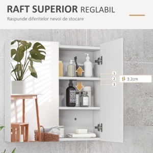 Dulap Baie cu Oglindă și 2 Uși Soft Close, 60x15x60 cm, Rafturi Ajustabile, Economisire Spațiu, Alb Lucios - Img 5
