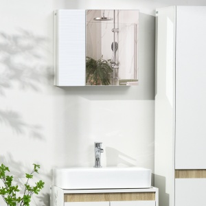 Dulap cu oglinda de baie din placi aglomerate si sticla, cu 4 rafturi reglabile si design de perete, 48x15x45 cm, alb - Img 2
