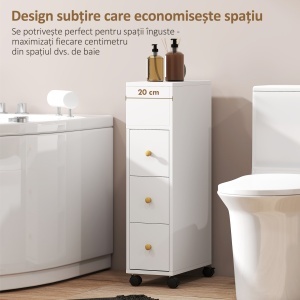 Dulap de baie cu economisire de spațiu, pe roți, 3 sertare și 5 rafturi reglabile, 20x40x80 cm, alb - Img 7