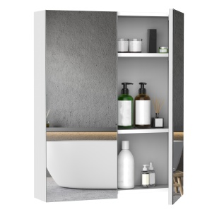 Dulap de Baie Suspendat cu Două Uși Frontale, Oglindă și 2 Rafturi Interioare din MDF, 60x15x75 cm, Alb