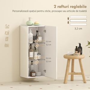 Dulap de Baie Suspendat cu Ușă Fără Mâner, 2 Rafturi Reglabile din Sticlă, Mobilier Suspendat Multifuncțional, 30x23,4x71,2 cm, Alb Lucios - Img 4