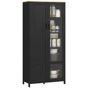 Dulap de Bucătărie cu 9 Rafturi Reglabile, cu Uși de Sticlă și Bază Înălțată din Lemn, 76x36x160 cm, Negru - Img 1