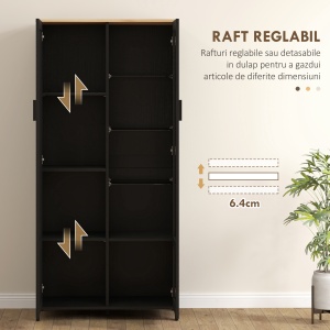 Dulap de Bucătărie cu 9 Rafturi Reglabile, cu Uși de Sticlă și Bază Înălțată din Lemn, 76x36x160 cm, Negru - Img 5