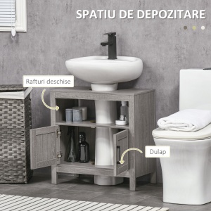 Dulap de depozitare pentru chiuveta cu 2 usi si raft deschis, gri - Img 5