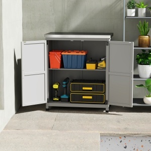 Dulap de grădină cu suprafață de lucru, dulap unelte exterior, lemn masiv și oțel, 79L x 43l x 92Î cm, gri - Img 5