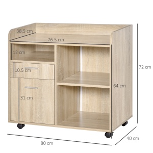 Dulap Imprimantă Birou Multifuncțional 80x40x72 cm, Dulap Joasă cu Sertare, Rafturi, 4 Roți, Culoare Stejar - Img 3