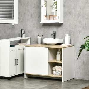 Dulap pentru lavoar pentru baie, 77x45x60cm, alb si culoarea lemnului - Img 2