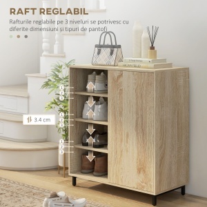 Dulap pentru Pantofi pe 4 Niveluri din PAL și Oțel cu Ușă Glisantă și Rafturi Reglabile, 80x40x93 cm, Lemn Natural - Img 5