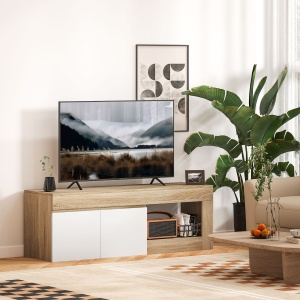 Dulap pentru TV de 60" cu Dulăpior, 2 Uși și Raft Deschis, Mobilier TV din Lemn, 140x40x48 cm, Lemn Natural - Img 2