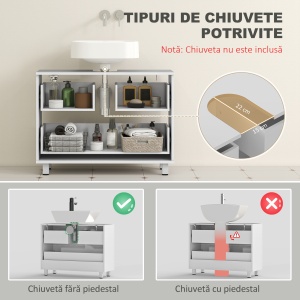 Dulap Sub Lavoar pentru Baie cu 2 Sertare, Dulap Modern și Economisitor de Spațiu pentru Lavoare Fără Piedestal, 80x30x60 cm, Alb - Img 4