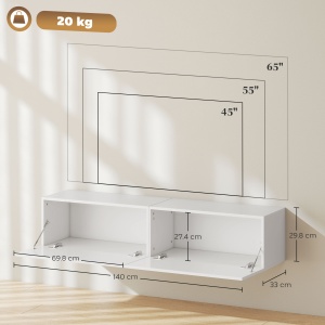 Dulap TV Suspendat pentru Televizoare de 45"-55"-65" cu 2 Dulapuri, Alb - Img 3