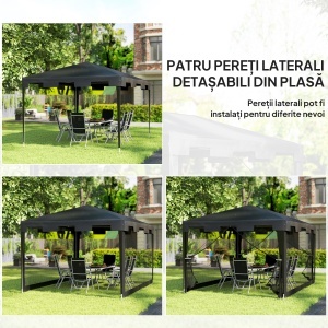 Foisor 4x3 m cu Plasa de Tantari si 2 Intrari, Foisor de Gradina din Metal si PE, Gri Inchis - Img 4