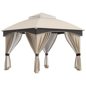 Foisor pentru gradina 3m x 3 m, Adapost copertina foisor exterior cu acoperis dublu cu plasa & draperii, Cadru din otel galvanizat pentru gradina, gazon, curtea din spate si punte - Img 1