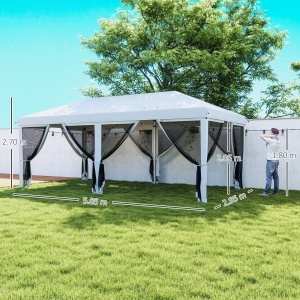 Foisor Pliabil cu 6 Perdele Plasa de Tantari, Foisor de Gradina cu Structura din Otel, 585x295x270cm, Alb Crem - Img 3