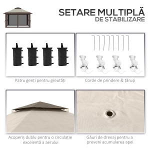 Foișor Pliabil Pop-Up 4x4 m cu Înălțime Reglabilă pe 3 Niveluri, Foișor de Exterior cu Plasă de Țânțari, Saci de Nisip, Geantă de Transport, UV50+, pentru Grădină, Camping, Petreceri, Bej - Img 7