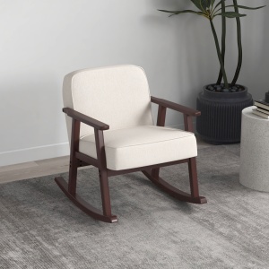 Fotoliu Balansoar pentru Interior din Material Efect In si Lemn cu Cotiere si Perne, 66x78x76 cm, Bej si Maro - Img 2