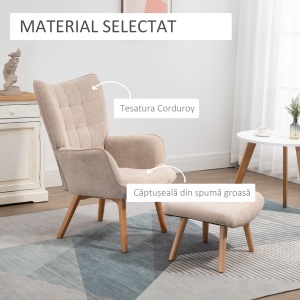 Fotoliu cu Taburet pentru Cameră sau Living din Catifea cu Model Crestat , Spătar Înalt și Brațe, 72x80x101 cm, Bej - Img 4