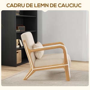 Fotoliu din catifea cu structură din lemn, cu umplutură din arcuri în formă de S și pernă, 61x78x76 cm, Bej - Img 5