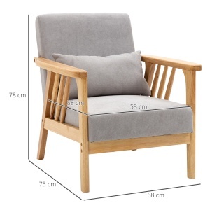Fotoliu modern cu husa din catifea si structura din lemn, fotoliu pentru dormitor si sufragerie cu perna suplimentara, 68x75x78cm, gri - Img 3