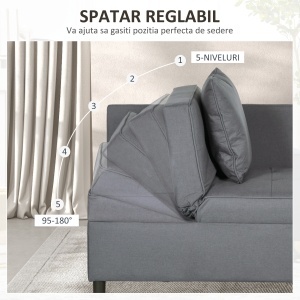 Fotoliu Pat 3 în 1 cu Spătar Reglabil în 5 Poziții și Perne, Canapea Pat, 98x69x65 cm, Gri Închis - Img 5