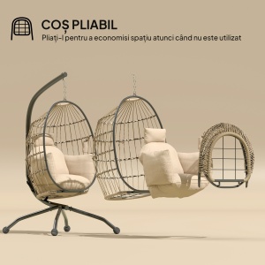 Fotoliu Suspendat Tip Ou cu Lanț Reglabil, 2 Perne Detașabile și Suport pentru Pahare, Scaun Balansoar Pliabil pentru Grădină, Bază în X din Oțel, pentru Interior și Exterior, 120x88x192 cm, Bej - Img 5
