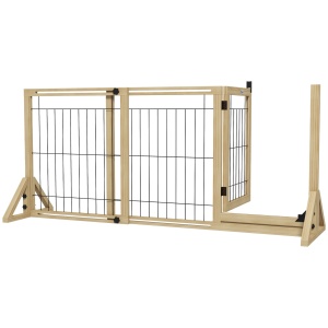 Gard pentru Câini Extensibil cu Ușă și 2 Panouri, Picioare Triunghiulare, 112-159x70 cm, Lemn Natural - Img 1