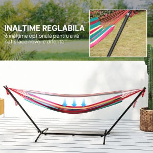 Hamac cu Suport 310x117cm pentru Camping cu Înălțime Reglabilă și Geantă de Transport, Capacitate 120 kg, Dungi Portocaliu și Roșu - Img 4