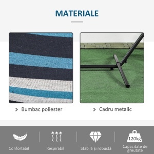 Hamac cu Suport 310x117cm pentru Camping cu Înălțime Reglabilă și Geantă de Transport, Capacitate 120 kg, Dungi Albastre și Albe - Img 5