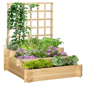 Jardiniera cu 3 Niveluri cu Grilaj pentru Catarat Vita de Vie, Paturi Suprainaltate din Lemn pentru Gradina, Jardiniera in Aer Liber pentru Legume, Flori, Ierburi, Nuanta Natur - Img 1