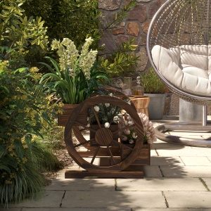 Jardinieră de Exterior cu 3 Niveluri și Roți Decorative, din Lemn de Brad cu Orificii de Drenaj, pentru Legume și Flori, pentru Balcon sau Terasă, 62x61x57 cm, Carbonizat - Img 8