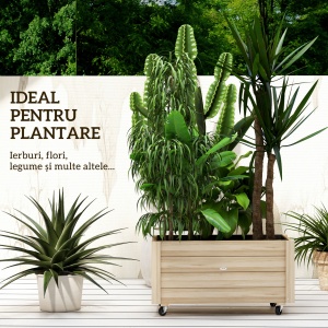 Jardinieră de Gradină cu Orificiu de Drenaj și Căptușeală, Jardinieră din Lemn de Brad cu Roți, 89x48x47 cm, Lemn Natural - Img 4