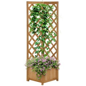 Jardiniera de gradina din lemn de brad maro cu grila pentru plante cataratoare, 40x40x145cm