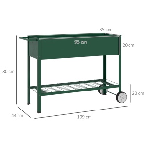 Jardinieră Exterioară cu Raft Inferior pentru Unelte, Jardinieră Metalică cu 2 Roți și Mâner, 109x44x80 cm, Verde - Img 3